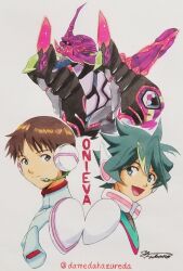  2boys arata_shin back-to-back blonde_streaks blue_eyes bodysuit brown_hair character_name closed_mouth commentary_request crossover eva_01 fukano_youichi green_eyes green_hair headset highres ikari_shinji looking_at_another looking_back mecha mecha_pilot_suit multicolored_hair multiple_boys neon_genesis_evangelion official_artist_extra oni_eva open_mouth robot sharp_teeth shinkalion_(series) shinkansen_henkei_robo_shinkalion_z signature simple_background smile streaked_hair teeth traditional_media twitter_username white_background white_bodysuit 
