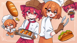  a.i._voice adachi_rei alternate_costume bread brown_gloves brown_hat chef_hat chibi chibi_inset chicken_(food) closed_mouth food fried_chicken gloves hat highres holding holding_baking_sheet holding_tongs jacket kasane_teto looking_at_viewer multiple_views necktie open_mouth orange_eyes orange_hair orange_skirt red_eyes red_hair red_necktie red_skirt sandwich shirt skirt tongs utau white_hat white_jacket white_shirt youguret37 