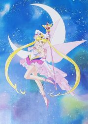  1girl ankleband arm_up bishoujo_senshi_sailor_moon bishoujo_senshi_sailor_moon_stars blonde_hair blue_eyes blue_sky brooch closed_mouth commentary_request concept_art crescent crescent_facial_mark crescent_moon curtained_hair double_bun earrings elbow_gloves eternal_sailor_moon facial_mark forehead_mark fukano_youichi full_body gloves hair_bun hair_ornament heart heart_earrings high-low_skirt high_heels highres holding holding_staff jewelry leg_up leotard long_hair magical_girl miniskirt moon overskirt pearl_choker pink_shoes pink_skirt pink_wings prototype_design sailor_moon see-through_clothes see-through_skirt shoes skirt sky smile solo staff star_(sky) star_brooch starry_sky strapless strapless_leotard tiara traditional_media transparent_wings tsukino_usagi twintails very_long_hair white_gloves white_leotard white_skirt wings 