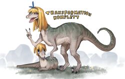  2girls absurdres blonde_hair blue_eyes blue_hairband blunt_bangs blush boulder claws commentary dinosaur dinosaur_girl dinosaur_tail erika_(popopoka) fangs flower german_commentary german_text grass hair_between_eyes hairband highres long_hair looking_at_another looking_at_viewer lying mimi_(popopoka) multiple_girls open_mouth original outdoors pacifier popopoka raptor raptor_claw short_twintails siblings sisters smile tail transformation twintails v 