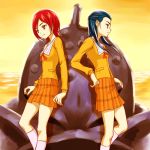  blue_eyes blue_hair futari_wa_precure_splash_star futari_wa_pretty_cure_splash_star gooyan hadime hajime_(caramel_toone) kiryuu_kaoru kiryuu_michiru long_hair multiple_girls precure pretty_cure red_eyes red_hair redhead school_uniform short_hair standing sunset 