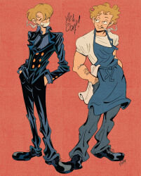  2boys apron arm_tattoo blonde_hair blue_apron carmy_berzatto cigar cigarette curly_eyebrows facial_hair goatee hair_over_one_eye hand_tattoo male_focus multiple_boys mustache_stubble one_piece sanji_(one_piece) silchibi smile smoke smoke_trail smoking stubble tattoo the_bear 