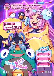  1girl :d ;d absurdres aqua_hair bellibolt bow-shaped_hair character_hair_ornament character_name charburst chat_log closed_mouth coat english_text fake_screenshot fake_text fangs hair_ornament heart highres holding holding_poke_ball iono_(pokemon) lightning_bolt_symbol livestream long_hair luxio magnemite media_player_interface multicolored_eyes multicolored_hair on_shoulder one_eye_closed open_mouth oversized_clothes oversized_coat pink_hair poke_ball poke_ball_(basic) poke_ball_symbol pokedollar pokemon pokemon_(creature) pokemon_on_shoulder pokemon_scarlet_and_violet progress_bar sharp_teeth sleeves_past_wrists smile speech_bubble star_(symbol) subscribe_button teeth two-tone_hair volume_symbol wattrel yellow_coat yellow_eyes yellow_pupils 