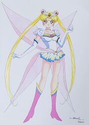  1girl belly_chain bishoujo_senshi_sailor_moon bishoujo_senshi_sailor_moon_stars blonde_hair blue_skirt boots brooch cape collared_shirt commentary_request concept_art crescent crescent_facial_mark curtained_hair detached_sleeves double_bun earrings elbow_gloves eternal_sailor_moon facial_mark forehead_mark fukano_youichi full_body gloves hair_bun hair_ornament hand_up heart heart_brooch heart_earrings high_heel_boots high_heels jewelry knee_boots leotard long_hair looking_at_viewer magical_girl miniskirt multicolored_skirt parted_lips pearl_choker pink_boots pink_cape prototype_design sailor_moon see-through_cape see-through_clothes shirt short_sleeves signature simple_background skirt smile solo standing strapless strapless_leotard tiara traditional_media tsukino_usagi very_long_hair waist_cape white_background white_gloves white_leotard 