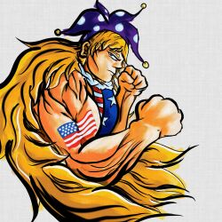  american_flag blonde_hair clownpiece commentary english_commentary hat highres jester_cap legacy_of_lunatic_kingdom long_hair looking_at_viewer muscular muscular_arms parody subterdude touhou white_background 