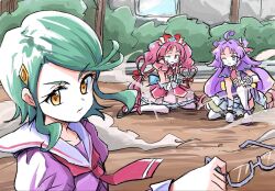  3girls ahoge blue_eyes bow bush closed_mouth commentary_request cure_answer cure_mystique double_bun dress dust glasses gloves green_hair hair_bow hair_bun hair_ornament heart highres holding holding_removed_eyewear kaneda_rei long_hair looking_at_viewer magical_girl meitantei_precure! multiple_girls on_one_knee one_eye_closed orange_eyes outdoors pink_dress pink_eyes pink_hair precure purple_hair sailor_collar school_uniform short_hair twintails unworn_eyewear uraki very_long_hair white_gloves 