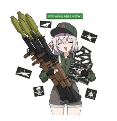  1girl aircraft airplane alisa_mikhailovna_kujou baseball_cap black_gloves broken_arrow_(game) closed_mouth cocktiel77 collared_shirt commentary_request cropped_legs fingerless_gloves gloves green_hat green_shirt hair_ribbon hat holding holding_rocket_launcher holding_weapon jaggy_lines korean_commentary long_sidelocks long_sleeves military_hat military_uniform military_vehicle motor_vehicle multiple_weapons open_mouth red_ribbon ribbon rocket_launcher shirt shorts sidelocks skull solo tank thigh_gap tokidoki_bosotto_roshia-go_de_dereru_tonari_no_alya-san too_many_weapons triangle_mouth weapon white_hair 