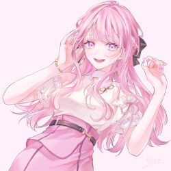  1girl bracelet breasts commentary earrings frilled_arm_strap hair_ribbon hand_in_own_hair high-waist_skirt highres jewelry long_hair looking_at_viewer medium_breasts mikogami_kotone nail_polish nijisanji open_mouth pearl_bracelet pink_eyes pink_hair pink_nails pink_skirt ribbon shirt signature simple_background skirt sleeveless sleeveless_shirt smile solo untranslatable_commentary virtual_youtuber white_background white_shirt yunne_2_4 