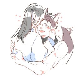  1boy animal_ears black_singlet commentary_request couple heart highres hug love_and_deepspace nose protagonist_(love_and_deepspace) short_sideburns sideburns singlet tail thai_commentary turtleneck valko_(love_and_deepspace) werewolf wolf_boy wolf_ears wolf_tail 