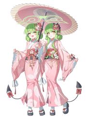  2girls absurdres alternate_costume alternate_hairstyle blue_archive blush commentary demon_girl demon_tail double_bun floral_print floral_print_kimono flower green_hair green_halo hair_bun hair_flower hair_ornament halo highres hikari_(blue_archive) holding holding_umbrella japanese_clothes kimono multiple_girls nozomi_(blue_archive) open_mouth pink_flower pink_kimono pink_umbrella platform_sandals pointy_ears print_kimono sandals seero short_hair tabi tail umbrella untranslatable_commentary white_flower wide_sleeves yellow_eyes 