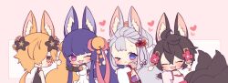  1boy 3girls animal_ear_fluff animal_ears backless_outfit bell black_flower black_hair blonde_hair blue_eyes blue_hair breasts collar commentary_request detached_sleeves dress erune flower fox_boy fox_ears fox_girl fox_tail fur_trim granblue_fantasy hair_bell hair_flower hair_ornament hair_over_one_eye hair_ribbon highres holding_another's_tail hugging_tail jingle_bell k0bo43 kou_(granblue_fantasy) large_ears large_tail long_hair multiple_girls multiple_tails one_eye_closed ribbon sideboob sideless_outfit simple_background societte_(granblue_fantasy) tail twintails very_long_hair violet_eyes white_dress white_hair yellow_eyes you_(granblue_fantasy) yuel_(granblue_fantasy) 