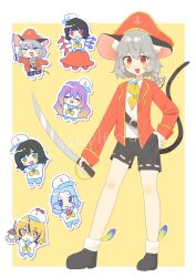  >_< 6+girls :3 alternate_costume anchor_print animal_ears ascot asymmetrical_wings bishamonten's_pagoda black_boots black_shorts black_streaks blonde_hair blue_hair blue_sailor_collar blue_shorts blue_wings blush boots brown_hair chibi chibi_inset commentary_request commission edamanecha gradient_hair green_eyes grey_hair hat highres hijiri_byakuren holding holding_sword holding_weapon houjuu_nue jacket kumoi_ichirin long_hair looking_at_viewer mouse_(animal) mouse_ears mouse_girl mouse_tail multicolored_hair multiple_girls murasa_minamitsu myouren_temple_clan_(touhou) nazrin open_clothes open_jacket open_mouth pirate_costume pirate_hat purple_hair red_eyes red_hat red_jacket red_wings sailor_collar sample_watermark shirt short_hair shorts skeb_commission smile solo_focus streaked_hair sword tail toramaru_shou touhou ufo very_long_hair violet_eyes watermark weapon white_hat white_shirt wings yellow_ascot 