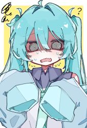  1girl ? @_@ ahoge blue_hair border collared_shirt commentary_request double-parted_bangs fang flying_sweatdrops green_necktie grey_eyes grey_shirt hair_between_eyes hair_intakes hands_up hatsune_miku highres long_hair long_sleeves looking_at_viewer mynkaoi necktie open_mouth outline outside_border shaded_face shirt simple_background skin_fang sleeves_past_fingers sleeves_past_wrists solo squiggle sweat twintails upper_body vocaloid white_border white_outline yellow_background 