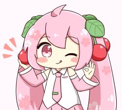  1girl :q ;q ahoge blush_stickers cherry_hair_ornament chibi chibi_only closed_mouth commentary_request detached_sleeves double-parted_bangs food-themed_hair_ornament hair_between_eyes hair_ornament hatsune_miku leaf_hair_ornament long_hair looking_at_viewer necktie notice_lines nukotun ok_sign one_eye_closed pink_eyes pink_hair pink_necktie pink_sleeves sakura_miku simple_background smile solo tie_clip tongue tongue_out twintails upper_body very_long_hair vocaloid white_background 