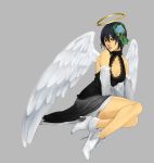 black_hair blue_eyes boots breasts cleavage cleavage_cutout detached_sleeves hair_ornament halo highres lai original short_hair skirt solo wings 