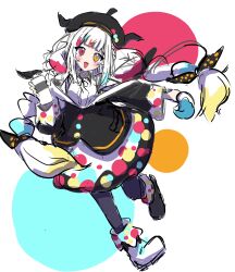  1girl :d absurdres asymmetrical_footwear beret black_hat black_jacket black_pantyhose black_shoes bow collared_shirt colored_tips commentary_request contrast_collar full_body hair_bow hat heterochromia highres holding holding_spray_can jacket jacket_partially_removed jogasaki_noah laggingtail973 long_hair long_sleeves looking_at_viewer mahou_shoujo_no_majo_saiban mismatched_footwear multi-tied_hair multicolored_hair neck_ribbon off_shoulder pantyhose polka_dot polka_dot_bow polka_dot_skirt red_eyes ribbon shirt shoes simple_background skirt smile solo spray_can streaked_hair white_background white_hair white_shirt white_shoes yellow_eyes 