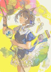 1girl absurdres animal_ear_fluff animal_ears arknights aroma_(arknights) aroma_(picnic_times)_(arknights) black_hairband blowing_bubbles blue_eyes blue_streaks braid brown_hair bubble_wand character_request chinese_commentary commentary_request cowboy_shot dress dress_flower flower hairband highres holding holding_staff infection_monitor_(arknights) komeokun looking_at_viewer multicolored_hair official_alternate_costume reflection short_sleeves solo staff standing streaked_hair white_dress white_flower wolf_ears 
