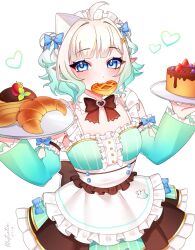 1girl absurdres ahoge blue_eyes bow cake commentary croissant densetsu.exe detached_sleeves dress food fruit gradient_hair green_hair green_sleeves hair_bow hair_intakes hair_ornament highres looking_at_viewer maid maid_headdress mint_fantome mint_fantome_(minto_2.0) multicolored_hair pointy_ears short_hair solo strawberry triangular_headpiece untranslatable_commentary virtual_youtuber white_background white_hair woudpe x_hair_ornament 