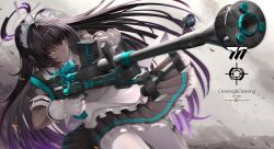  1girl ahoge aiming amekudaki anti-materiel_rifle apron black_dress black_gloves blue_archive blue_bow blue_bowtie bow bowtie boys_anti_tank_rifle brown_hair commentary cowboy_shot dark-skinned_female dark_skin dress embers frilled_apron frills glint gloves gradient_hair grey_background gun halo highres holding holding_gun holding_weapon karin_(blue_archive) long_hair maid maid_apron maid_headdress multicolored_hair pantyhose purple_hair purple_halo revision rifle short_sleeves sniper_rifle solo two-tone_hair very_long_hair weapon white_pantyhose yellow_eyes 
