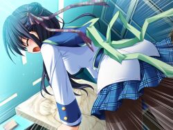  1girl angry back_bow black_hair black_pantyhose blue_sailor_collar blue_shirt blue_skirt bow buttons ceiling closed_eyes clover_point dutch_angle emphasis_lines from_behind from_below game_asset green_bow hair_bun hair_ornament hairclip holding_painting indoors jacket kashiwagi_tsukine long_hair night non-web_source official_art open_mouth painting_(object) pantyhose plaid_clothes plaid_skirt sailor_collar school_uniform shirt skirt standing white_jacket window yuyi 