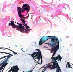  2girls alien_stage bandana black_hair bow commentary dress elbow_gloves eyoomayo gloves hair_between_eyes highres long_hair looking_at_viewer mizi_(alien_stage) multiple_girls off-shoulder_dress off_shoulder open_mouth pink_hair smile sua_(alien_stage) twintails violet_eyes white_bandana white_bow white_dress white_gloves zombie_stage 