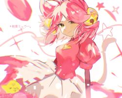  animal_ears bell cat_ears cat_girl cat_tail commentary deltarune dress green_eyes hair_bell hair_ornament heart heart_necklace highres jewelry looking_at_viewer mad_mew_mew necklace pink_dress pink_hair puffy_sleeves signature sigure_908 smile star_(symbol) tail translation_request utdr_(toby_fox) 