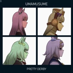  4girls absurdres album_cover_redraw animal_ears artist_name biwa_hayahide_(pf._winning_equation...)_(umamusume) biwa_hayahide_(umamusume) brown_hat closed_mouth commentary demon_days_(gorillaz) derivative_work ear_covers ear_ornament from_side frown gold_ship_(red_strife)_(umamusume) gold_ship_(umamusume) gorillaz hair_ornament hat highres horse_ears horse_girl long_hair looking_at_viewer mejiro_mcqueen_(frontline_elegance)_(umamusume) mejiro_mcqueen_(umamusume) multiple_girls ngmq oguri_cap_(starlight_beat)_(umamusume) oguri_cap_(umamusume) semi-rimless_eyewear sideways_glance smile umamusume under-rim_eyewear 