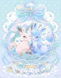 animal_focus blue_fur blue_sclera blush bow brown_fur closed_mouth colored_sclera glaceon green_fur heart highres in_snow_globe key leaf leafeon mugita_konomi no_humans one_eye_closed open_mouth pokemon pokemon_(creature) pokemon_focus smile snow_globe star_(symbol) yellow_fur 