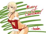  bent_over blonde_hair blue_eyes christmas detached_sleeves eu03 face leaning_forward original ponytail santa_costume solo swimsuit 