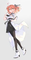  1girl ahoge black_gloves black_pantyhose black_ribbon breasts cleavage_cutout clothing_cutout commentary_request detached_ahoge dress fate/grand_order fate_(series) fujimaru_ritsuka_(female) full_body gloves grey_background hair_ornament hair_ribbon hand_on_own_chest high_heels highres medium_hair mian_lu orange_hair pantyhose ribbon shoes short_sleeves simple_background small_breasts solo star_(symbol) star_hair_ornament walking white_dress white_shoes yellow_eyes 