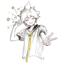  1boy :d bass_clef black_sailor_collar closed_eyes commentary_request flower hand_up headset kagamine_len light_blush makka_potato microphone necktie open_mouth outstretched_arm partially_colored sailor_collar shirt short_hair short_sleeves simple_background sketch smile solo sparkle upper_body v vocaloid white_background yellow_necktie 