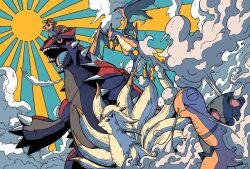  black_sclera blue_eyes brown_fur charizard claws closed_eyes colored_sclera colored_skin commentary_request dragon dragon_wings fangs fire flame-tipped_tail flying fox groudon highres mega_charizard_y mega_pokemon mega_stone multiple_tails ninetales no_humans on_head onigiri_debu open_mouth orange_skin pokemon pokemon_(creature) pokemon_focus pokemon_on_head sharp_teeth shell smoke spikes sun tail teeth torkoal vulpix wings yellow_eyes yellow_fur 