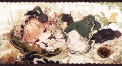 1girl :o alarm_clock amakawa_tamawo apron arm_rest black_border black_pantyhose blurry blush_stickers book bookmark bookshelf border bow brown_eyes brown_hair clock commentary_request commission curtains depth_of_field detached_sleeves dress food frilled_dress frilled_hair_tubes frills furrowed_brow gradient_hair green_dress green_hair haconect hair_ornament hair_tubes head_on_pillow highres indoors jitome leaf legs_together letterboxed long_sleeves lying maid_headdress multicolored_hair on_side open_book open_mouth ornate_border pancake pancake_stack pantyhose parted_lips pillow rabbit_hair_ornament single_blush_sticker skeb_commission sleeve_bow solo squeans stuffed_animal stuffed_rabbit stuffed_toy suimori_atori swept_bangs virtual_youtuber waist_bow waking_up watermark wavy_hair white_apron white_sleeves 