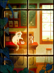  awning cafe cat chair coffee coffee_maker coffee_pot color_point_cat colorpoint_(pattern) counter cup fluffy highres himalayan_cat indoors ivytea menu menu_board original saucer table teacup through_window window 