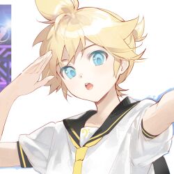  1boy :o bass_clef black_sailor_collar blonde_hair blue_eyes chinese_commentary commentary_request cropped hand_up highres kagamine_len looking_at_viewer makka_potato male_focus necktie open_mouth outstretched_arm reference_inset sailor_collar salute shirt short_hair short_sleeves simple_background solo teeth upper_body upper_teeth_only vocaloid white_background white_shirt yellow_necktie 