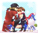  1boy 1girl bad_id beanie brown_hair couple earmuffs female_protagonist_(persona_3) hat jack_frost persona persona_3 persona_3_portable red_eyes scarf school_uniform shooting-star skirt smile snow trench_coat trenchcoat 