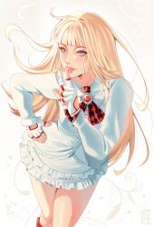  1girl absurdres blonde_hair blue_eyes blunt_bangs blush boots commentary dress fingerless_gloves formal_clothes gloves highres hime_cut knee_boots kofidotjpg lili_(tekken) lipstick long_hair makeup red_lips solo tekken tekken_8 white_dress 