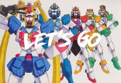  arm_up bishoujo_senshi_sailor_moon black_hair blonde_hair blue_bow blue_hair bow brown_hair commentary_request cosplay english_text fukano_youichi gundam hand_on_own_hip hands_on_own_hips highres long_hair looking_at_viewer mecha mecha_focus mechanical_hair no_humans official_artist_extra pink_bow ponytail purple_bow red_bow robot sailor_jupiter sailor_jupiter_(cosplay) sailor_mars sailor_mars_(cosplay) sailor_mercury sailor_mercury_(cosplay) sailor_moon sailor_moon_(cosplay) sailor_moon_pose sailor_venus sailor_venus_(cosplay) short_hair simple_background standing traditional_media twintails v v-fin very_long_hair white_background 