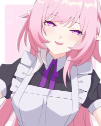  1girl alternate_costume apron black_dress breasts commentary_request cyrene_(demiurge)_(honkai:_star_rail) cyrene_(honkai:_star_rail) diamond-shaped_pupils diamond_(shape) dress honkai:_star_rail honkai_(series) long_hair looking_at_viewer medium_breasts multicolored_hair pink_background pink_hair pointy_ears simple_background smile solo symbol-shaped_pupils two-tone_hair very_long_hair violet_eyes white_apron white_hair yamayu_isu 