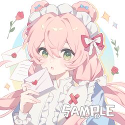 1girl :o animal_ears bear_ears blue_background blue_dress border commission double-parted_bangs dress drop_shadow gradient_background green_eyes hair_between_eyes hair_intakes highres holding holding_letter huolala_neiku_chaofan letter long_hair looking_at_viewer love_letter low_twintails maid_headdress mihuashi_commission open_mouth original outline outside_border pink_hair round_border sample_watermark solo twintails upper_body watermark white_border white_outline yellow_background 