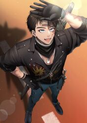 1boy :d arm_up black_gloves black_hair black_jacket black_neckerchief black_shoes blue_eyes blue_pants burn_scar dog_tags from_above full_body gloves hand_on_own_hip hand_up highres j_(reverse:1999) jacket leather leather_jacket legs_apart lens_flare looking_up male_focus milmil7 neckerchief open_mouth pants reverse:1999 scar scar_on_face shoes short_hair smile solo standing teeth upper_teeth_only 