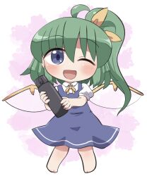  1girl :d ;d ahoge barefoot blue_dress blue_eyes blush bottle chibi chibi_only collared_shirt commentary_request daiyousei dress fairy_wings full_body green_hair hair_between_eyes hair_ribbon highres holding holding_bottle long_hair looking_at_viewer neck_ribbon one_eye_closed open_mouth pinafore_dress purple_background ribbon rokugou_daisuke shirt short_sleeves side_ponytail signature sleeveless sleeveless_dress smile solo standing touhou white_shirt wings yellow_ribbon 