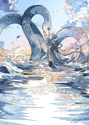  1girl animal blue_hair blue_robe blue_sky chinese_zodiac clouds commentary day dress full_body hair_bun hair_ornament happy_new_year highres nara_lalana ocean original outdoors oversized_animal robe scenery signature sky snake standing water year_of_the_snake 