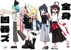 5girls :d ahoge alternate_costume aqua_hair bandaged_hand bandages belt belt_buckle bike_shorts black_boots black_eyes black_hairband black_sandals black_shirt black_shorts black_skirt blonde_hair blue_hair blue_jacket blush boots breasts brown_hair brown_shirt brown_shoes buckle choppy_bangs clenched_hand closed_eyes clothes_around_waist collarbone commentary_request cropped_shirt denkou_hayami denkou_setsuka dress expressionless fang from_side furrowed_brow generalcanon grey_belt grey_hair grey_skirt hair_between_eyes hairband hand_in_pocket highres jacket jitome kaidou_mai lapels long_hair long_sidelocks long_skirt looking_at_another loose_socks medium_breasts multiple_girls off_shoulder open_clothes open_jacket open_mouth original oversized_clothes oversized_shirt pointing ponytail profile red_eyes sandals shirt shoelaces shoes short_sleeves shorts sidelocks silver_bangle simple_background skin_fang skirt sleeves_past_fingers sleeves_past_wrists sleeves_rolled_up smile socks spaghetti_strap spiky_hair striped_clothes striped_shirt sweatdrop takebana_nanoha takebana_sumire translation_request v-shaped_eyebrows very_long_hair walking white_background white_dress white_shirt white_shoes white_shorts yellow_eyes 