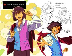  1other alternate_color blue_vest brown_hair closed_eyes collared_shirt colored_skin commentary cosplay deltarune english_commentary english_text flower flowery_(deltarune) flowery_(deltarune)_(cosplay) frisk_(undertale) highres holding holding_unworn_clothes holding_unworn_jacket jacket l_hand long_sleeves multiple_views other_focus purple_vest red_jacket red_soul_(utdr) salute shirt short_hair smile soul_(utdr) sunnyirry two-finger_salute two-tone_vest undertale unworn_jacket utdr_(toby_fox) vest yellow_flower yellow_skin 