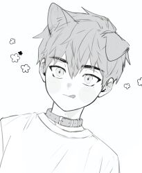  aged_down animal_collar animal_ears blush brown_eyes brown_hair collar dog_boy dog_ears flower garbage_time ki_sangho licking_lips lineart male_focus mole mole_under_eye monochrome one_ear_down short_hair simple_background tongue tongue_out ununtied upper_body white_background 