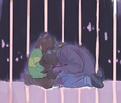  1girl 1other blue_pants brown_hair brown_pants cage commentary deltarune english_commentary green_sweater highres kris_(deltarune) long_hair on_ground pants short_hair shoujo_kakumei_utena smbdylsss susie_(deltarune) sweater utdr_(toby_fox) 