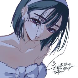  1girl alien_stage bare_shoulders black_hair bob_cut closed_mouth commentary dutch_angle earrings hairband highres jewelry jikasei neck_tattoo short_hair solo sphere_earrings sua_(alien_stage) tattoo violet_eyes white_background white_hairband 