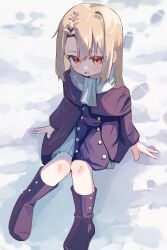  1girl :d absurdres aoi_(swoi_ekk) arms_at_sides boots coat commentary fate/stay_night fate_(series) frilled_skirt frills full_body highres illyasviel_von_einzbern long_hair looking_at_viewer missing_headwear open_mouth purple_boots purple_coat red_eyes scarf sitting skirt smile snow solo white_skirt 