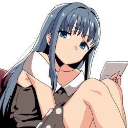  1girl anime_coloring armpit_cutout armpits bare_arms black_dress blue_eyes blue_hair casual closed_mouth clothing_cutout commentary_request couch cowboy_shot dot_nose dress expressionless eyelashes holding holding_paper jewelry knees knees_up light_frown long_hair magia_record:_mahou_shoujo_madoka_magica_gaiden mahou_shoujo_madoka_magica nanami_yachiyo off-shoulder_dress off_shoulder on_couch paper polka_dot polka_dot_dress ring short_dress simple_background solo straight_hair usavivi777 white_background white_sleeves 